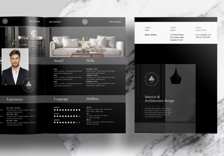Free Modern Black Interior Portfolio InDesign Layout Template - Unsell ...