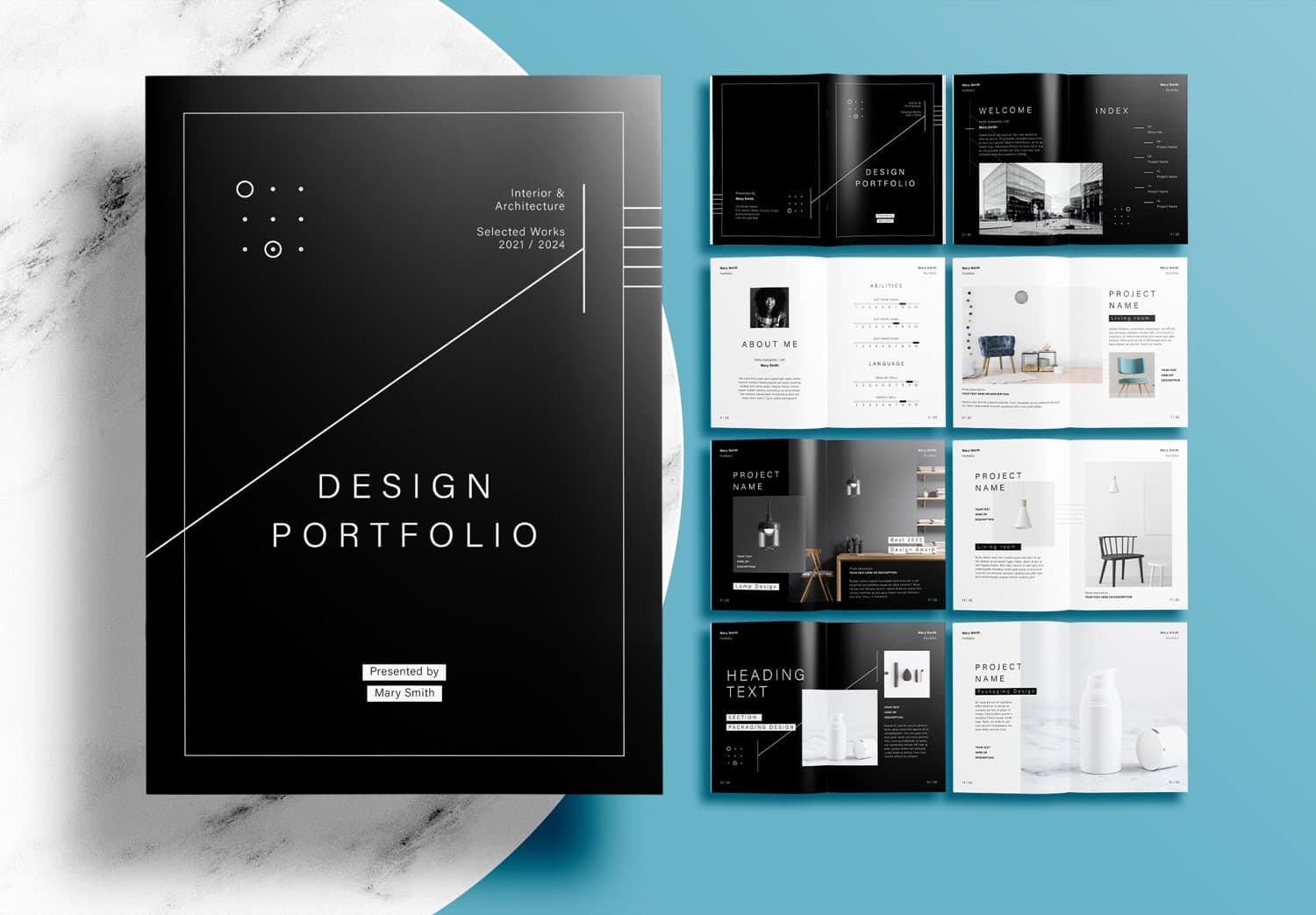 Free Modern Black Interior Portfolio Layout InDesign Template