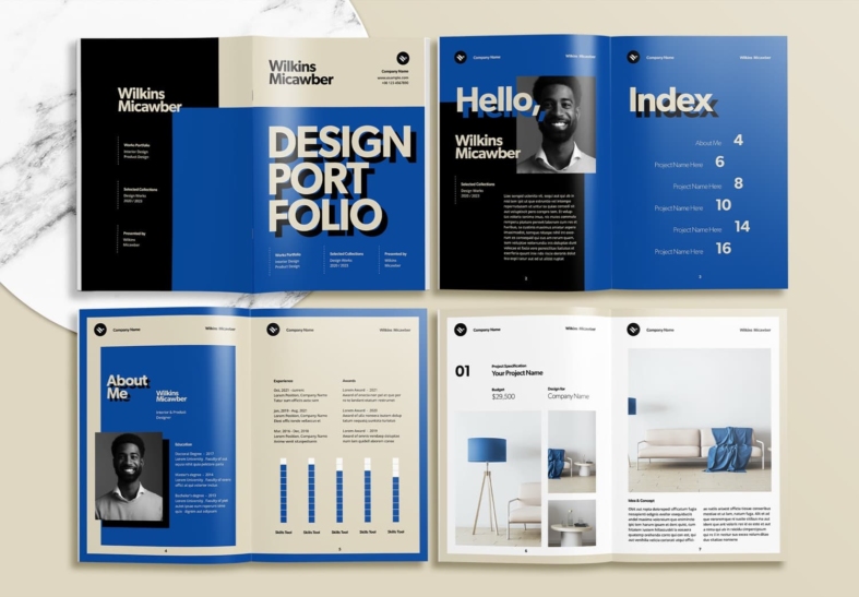 Free Blue Interior Portfolio InDesign Template - Unsell.Design