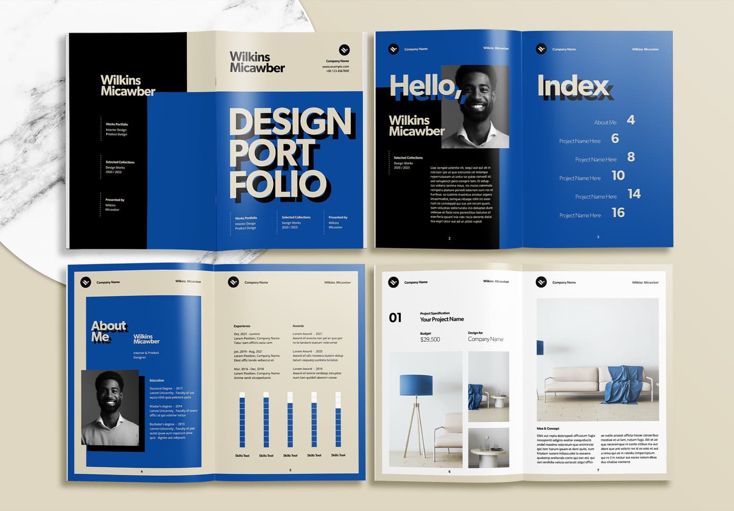 Free Blue Modern Interior Design Portfolio Layout InDesign Template 