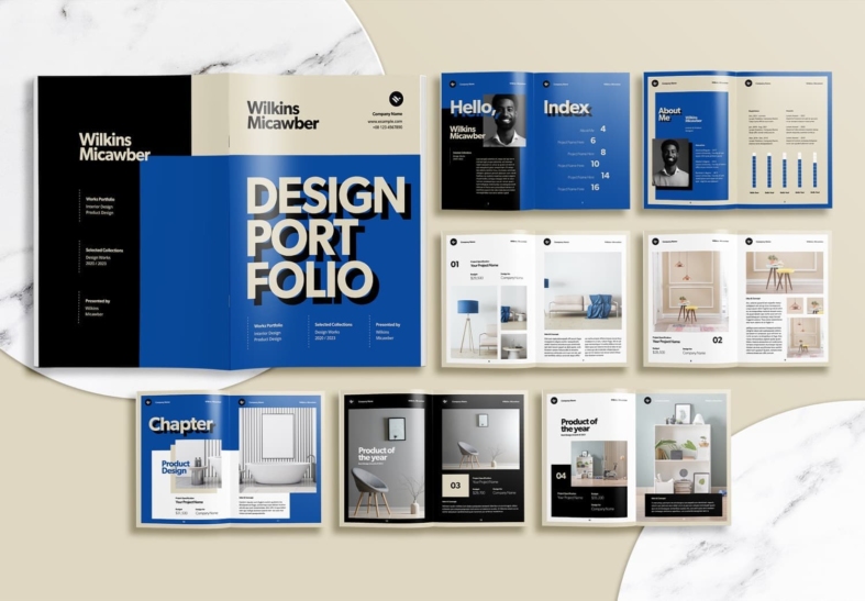 Free Blue Interior Portfolio InDesign Template - Unsell.Design