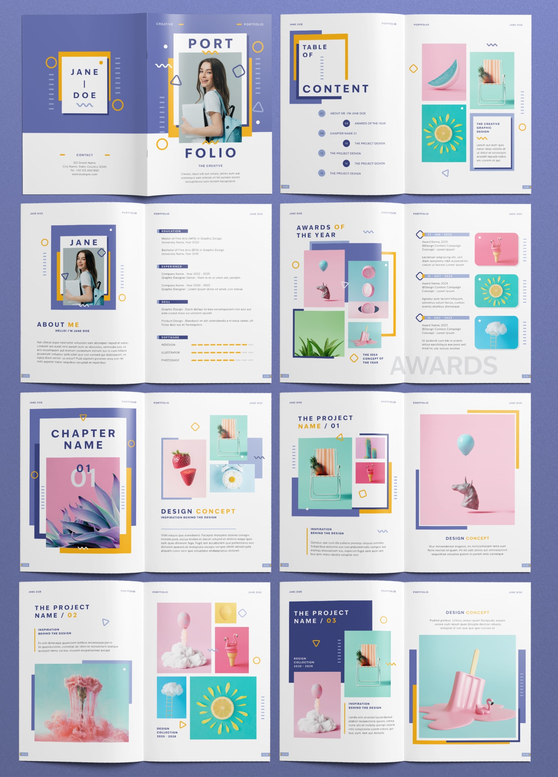 Minimal design student portfolio layout template with resume and project showcase pages