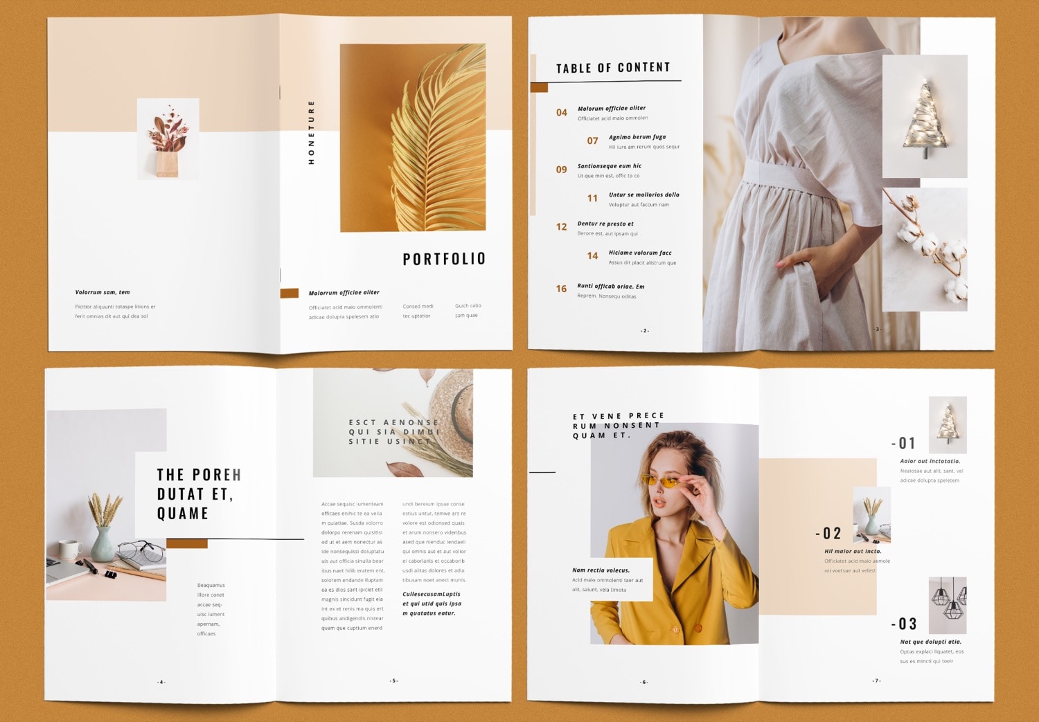 Show Pages 1-7 of Free Portfolio InDesign Template with Brown Accents