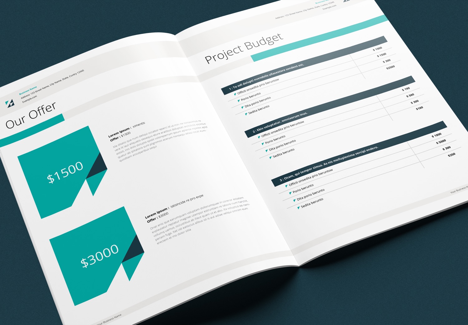 Budget Preview Business Proposal InDesign Template with Teal and Green Accents