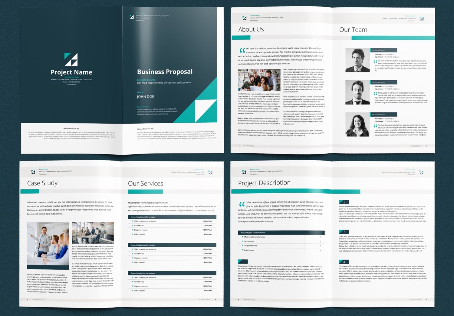 Show Pages 1-7 Business Proposal InDesign Template with Teal and Green Accents