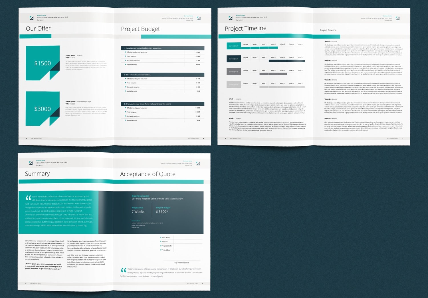 Show Pages 8-14 Business Proposal InDesign Template with Teal and Green Accents