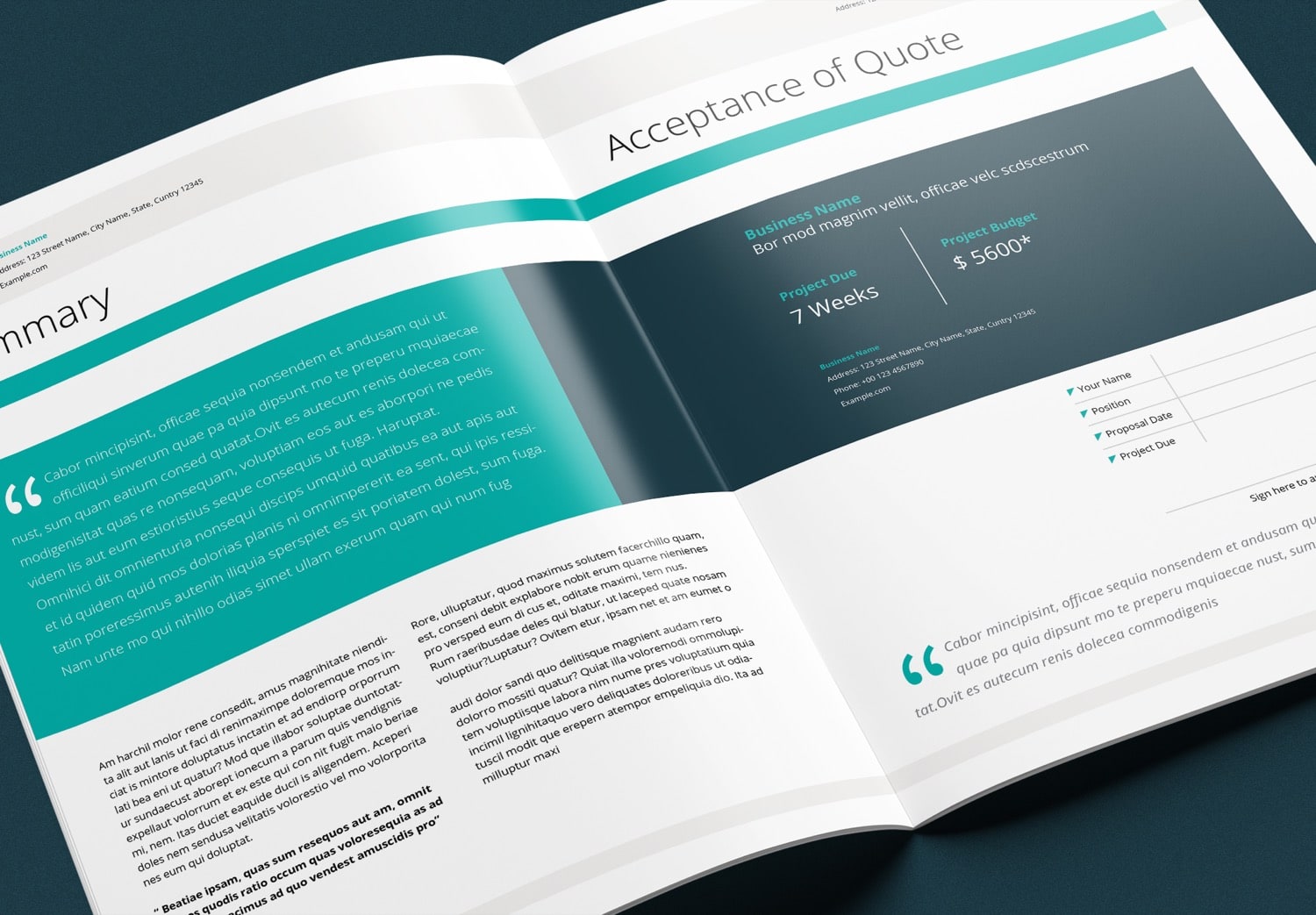 Summary Preview Business Proposal InDesign Template with Teal and Green Accents