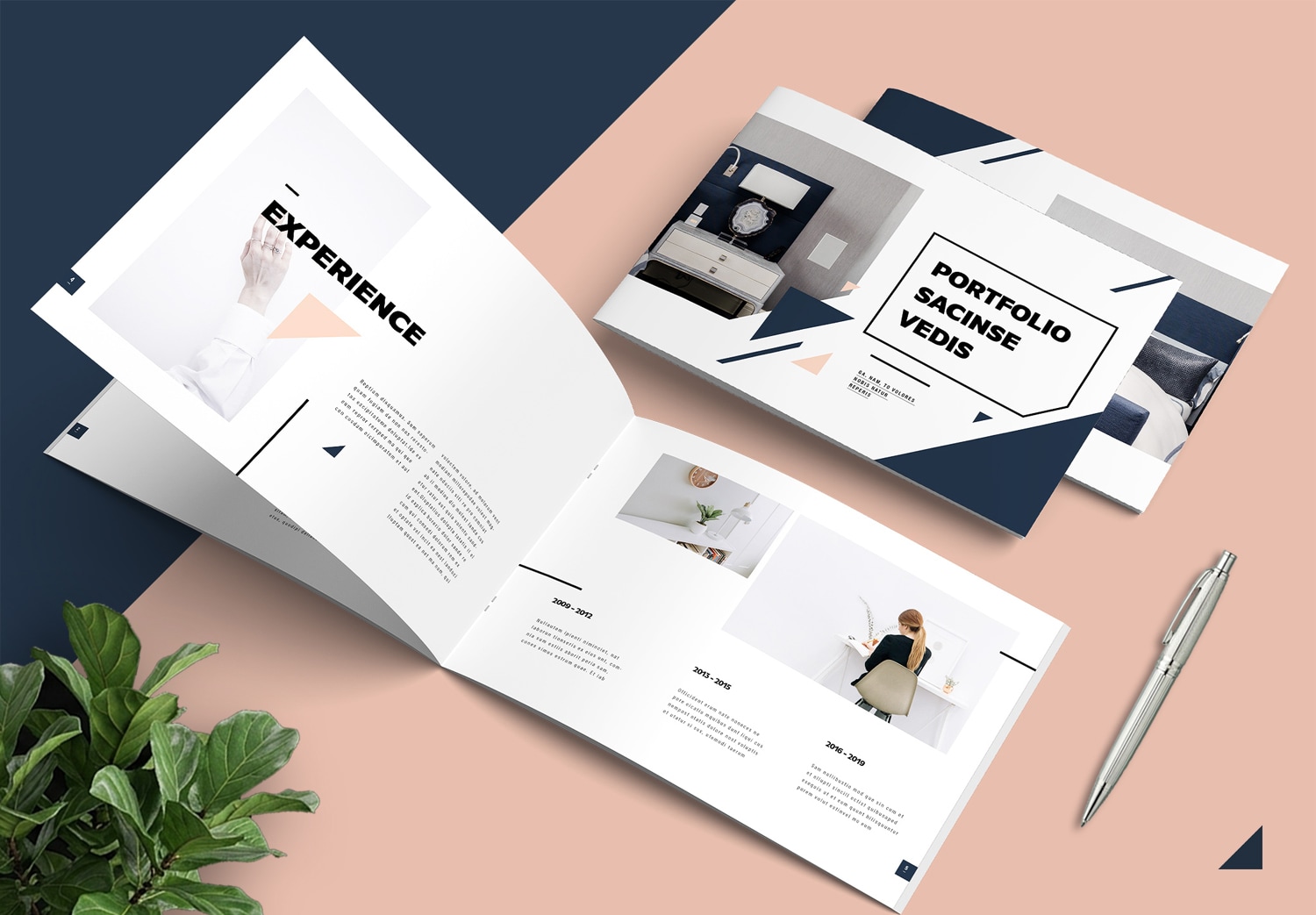 Cover of Portfolio Template with Peach Pink and Navy Blue Accents