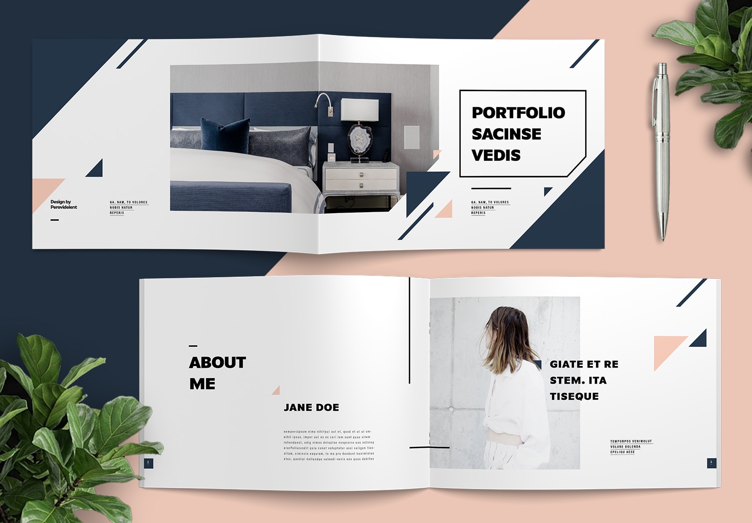 Page 1-3 of Portfolio Template with Peach Pink and Navy Blue Accents