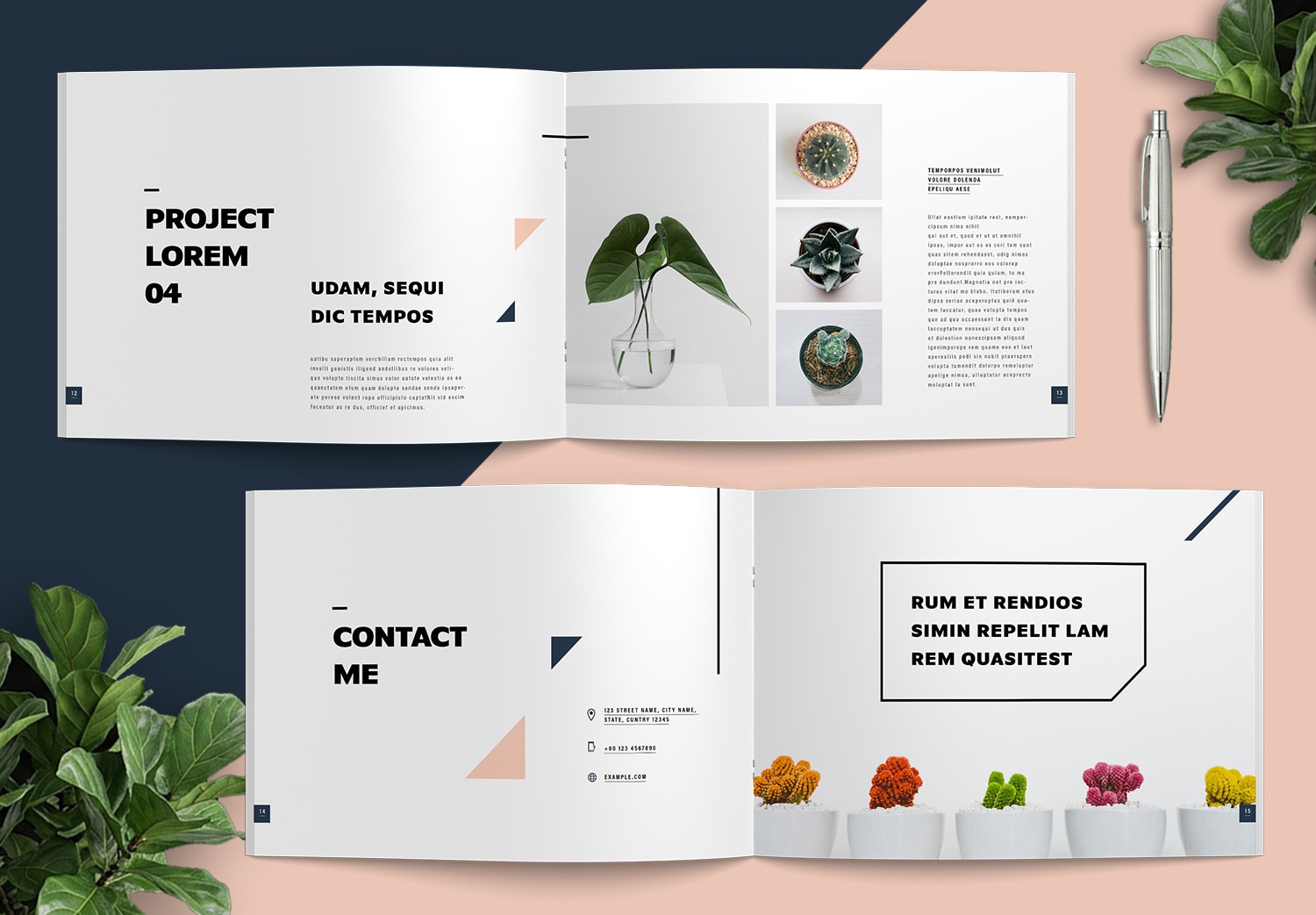 Page 12-16 of Portfolio Template with Peach Pink and Navy Blue Accents