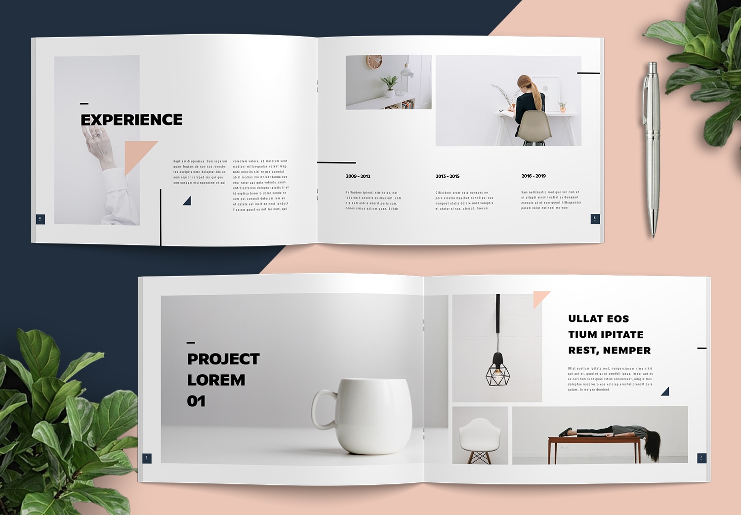 Page 4-7 of Portfolio Template with Peach Pink and Navy Blue Accents