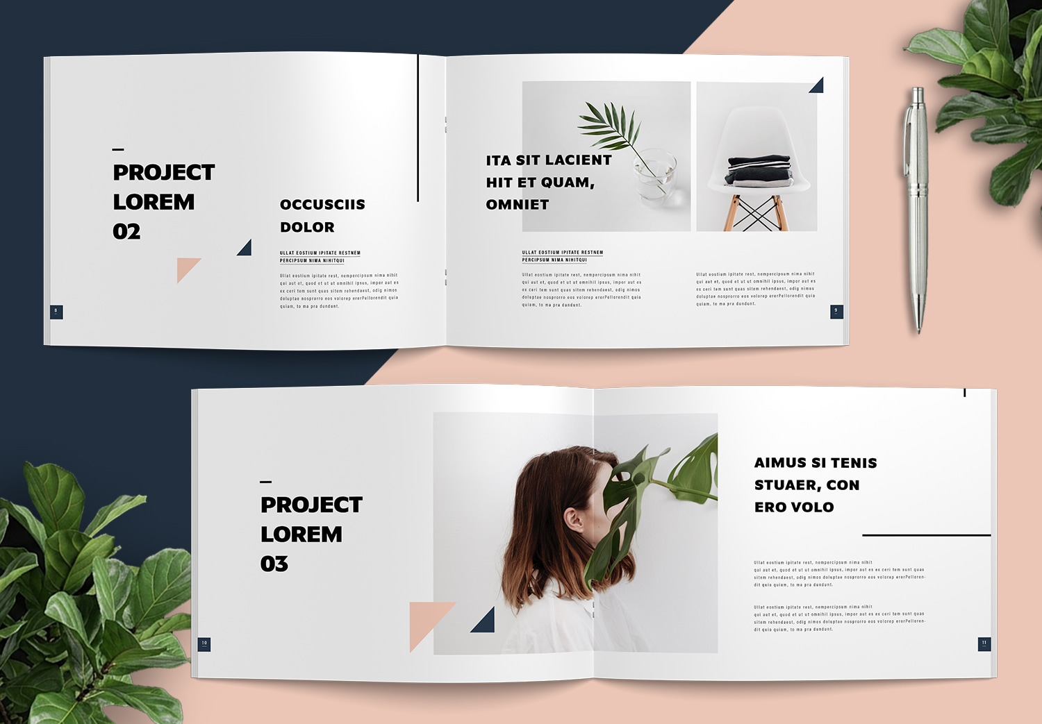 Page 8-11 of Portfolio Template with Peach Pink and Navy Blue Accents